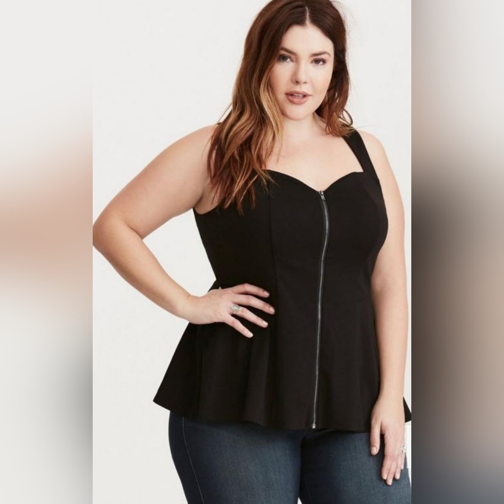 Torrid, NWOT, Black Peplum Zip Front, Lace Inset Top, Size 2X